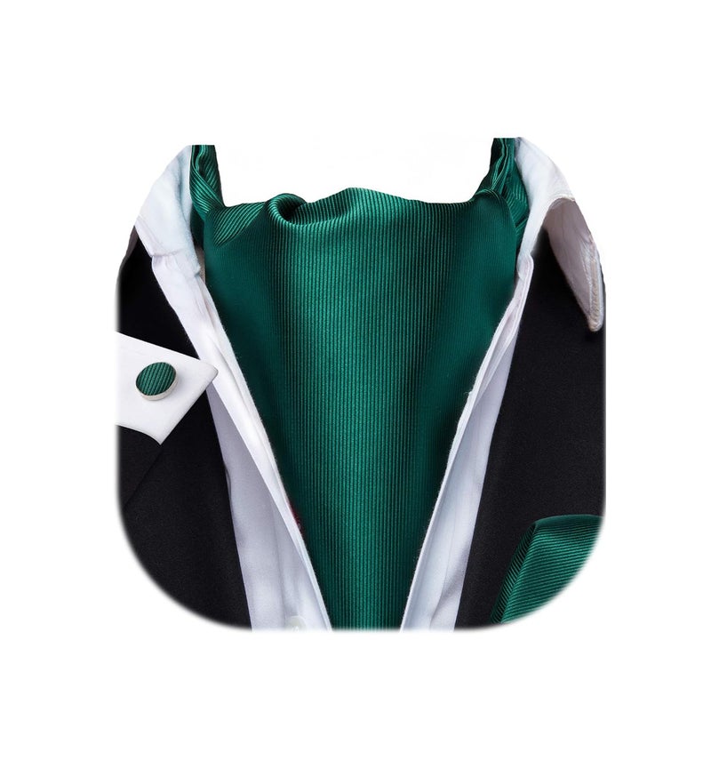 Dubulle Dark Green Ascot for Men Mens Solid Self Tie Cravat and Pocket Square Cufflinks Set Formal Wedding - Image 1